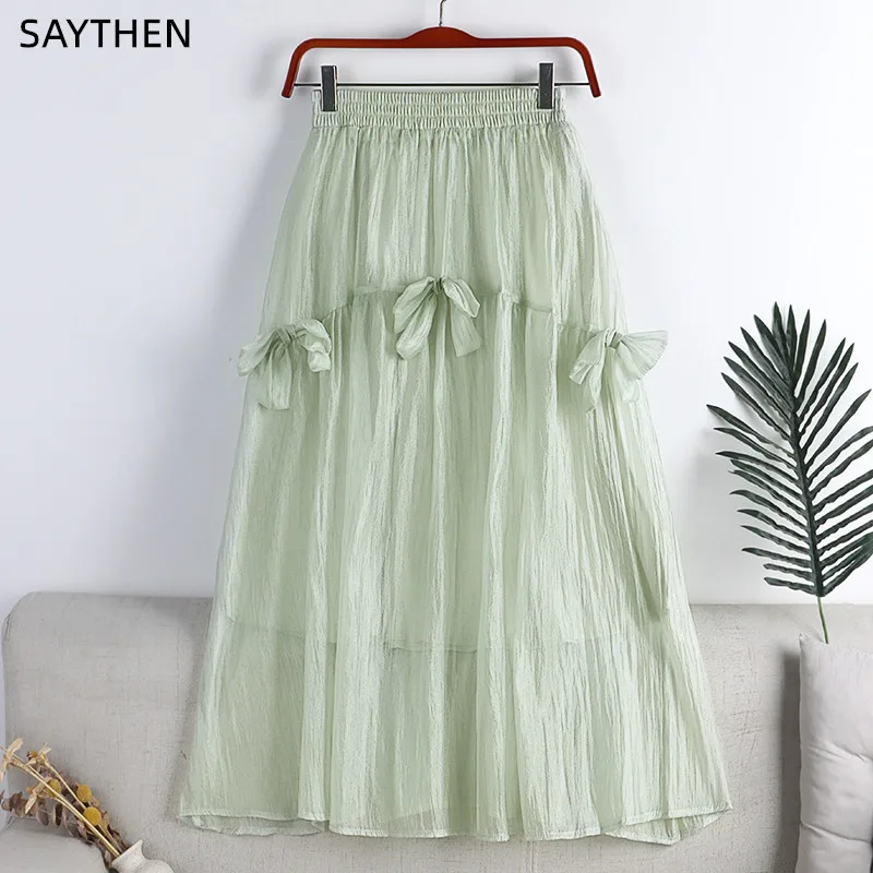 

SAYTHEN 2022 Summer New High Waist Sweet Bow Solid Color Thin Section Mid-Length A-Line Skirt Women YS22515