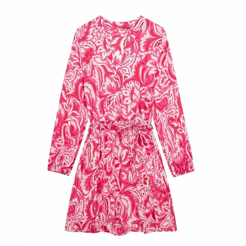 

Women 2023 Autumn New Fashion With Belt Printed Mini Dress Vintage V-Neck Long Sleeve Female Dresses Vestidos Mujer