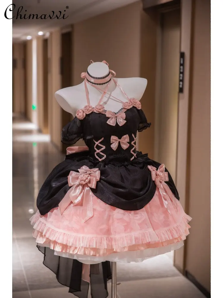 Black Pink Rose Lolita Dress Women 2023 Summer Sweet and Spicy Style Three-Dimensional Bow Short Sleeve Fishbone Princess Dress