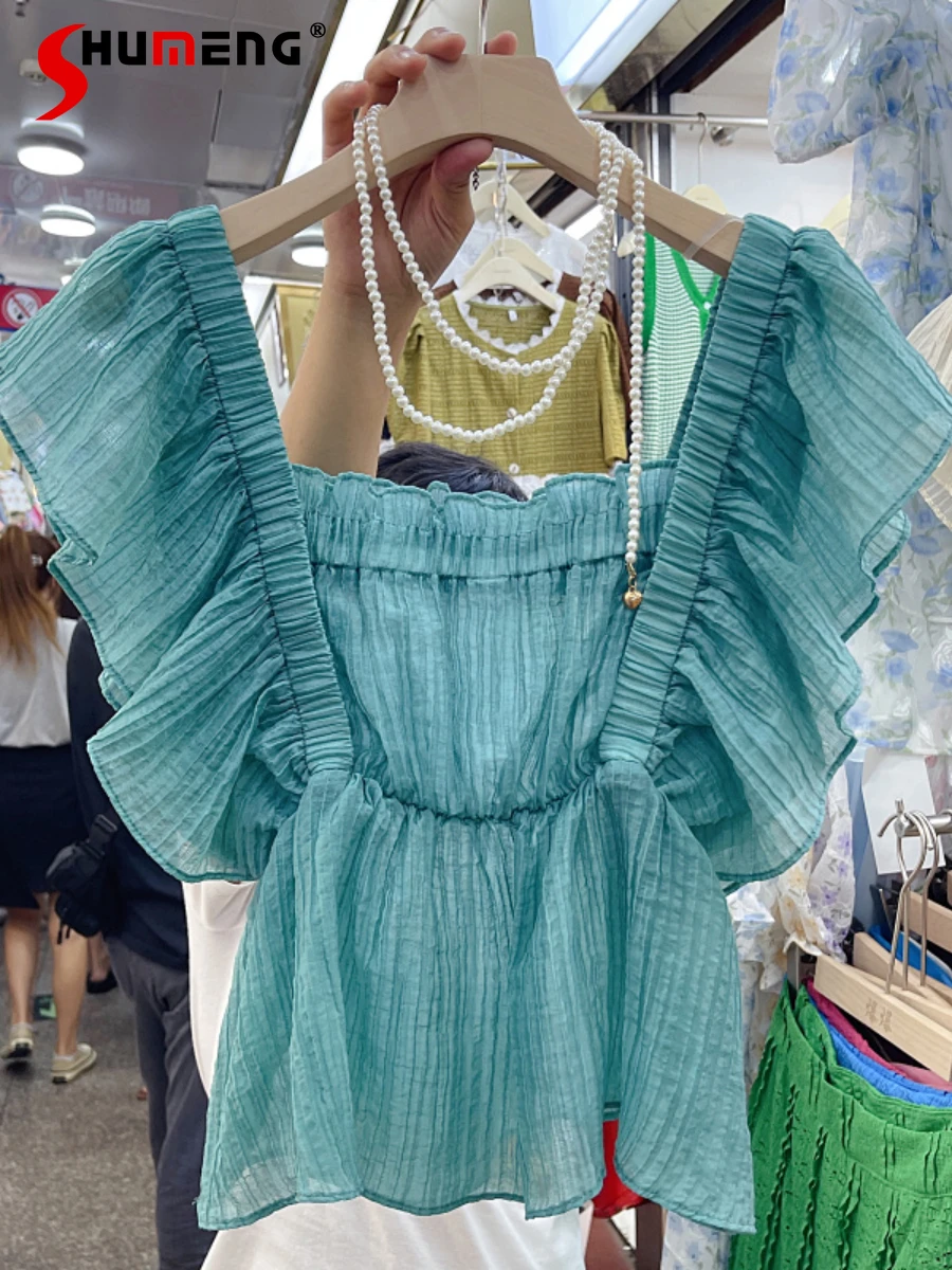 

Korean 2022 Summer New Fashion Sweet Square Collar Ruffled Blouses Women's Fairy Simple Elegant High Waist Slimming Shirt Top