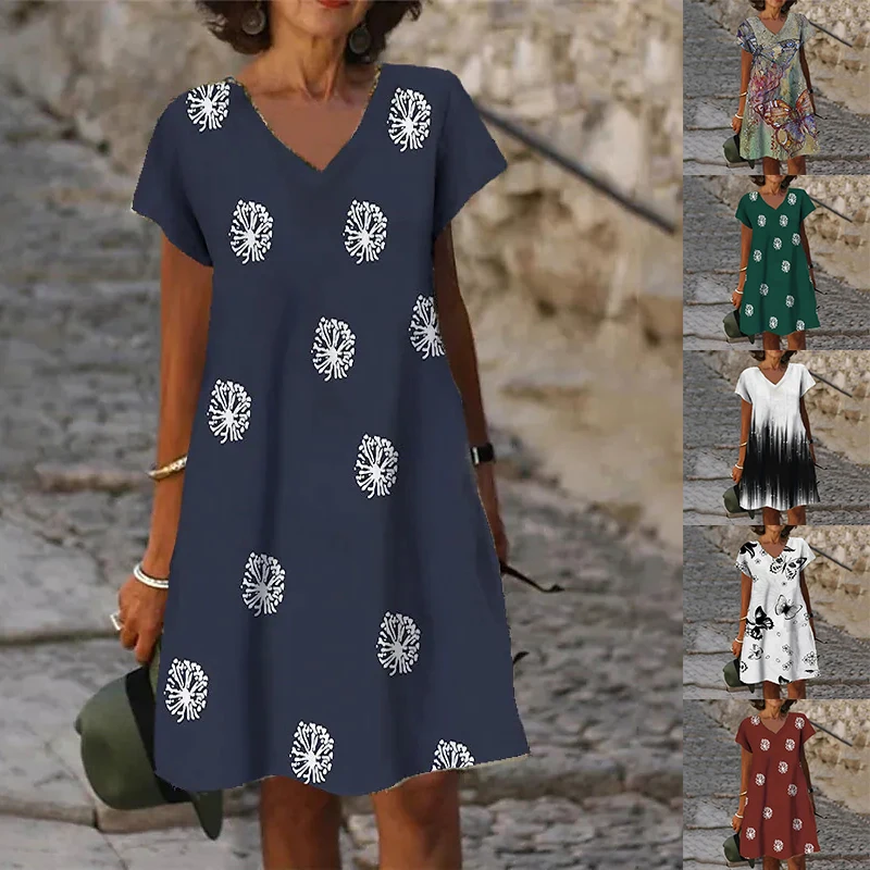 

2022SummerWomen'sButterflyPrintPaintingDressFashionVNeckShortSleeve3DPrintShiftDressNewDesignKneeLengthSkirt