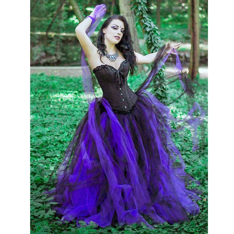 

Gothic Black And Purple Wedding Dress Strapless Sleeveless Long Tulle Bridal Gowns Custom Contrast Color Victorian Vestido