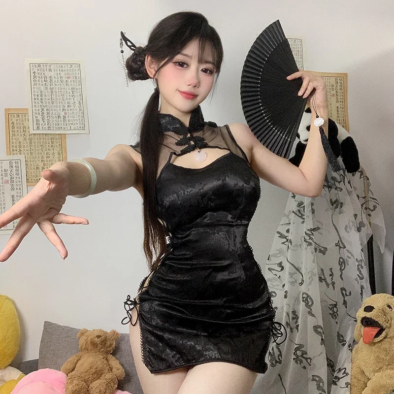 Chinese Qipao Dress Sexy Lingerie High Split Bandage Cheongsam Uniform Women Anime Cosplay Nightclub Costume Hollow