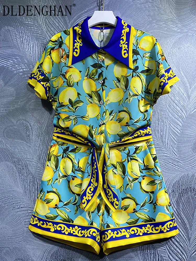 DLDENGHAN Green Suit Summer Spring New Fashion Design Women Runway Shirt Tee + Shorts Vintage Sicily Lemon Flowers Print Casual enlarge