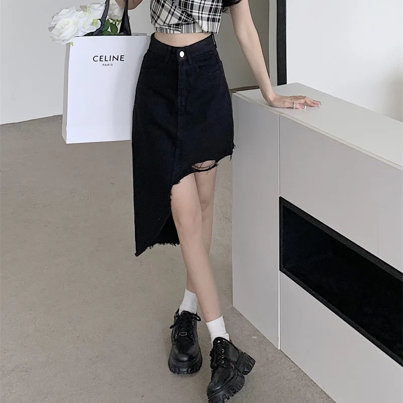 

Irregular Denim Half Skirt Female Spicy Retro Hong Kong Wind Design Sense High Waist a Word Package Hip Short Skirt Summer a Gen