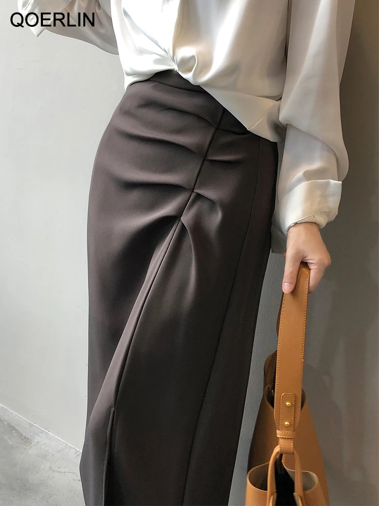 

QOERLIN стильная длинная Плиссированная Офисная женская элегантная прямая юбка с Боковым Разрезом на молнии с высокой талией 2023 новые летние юбки