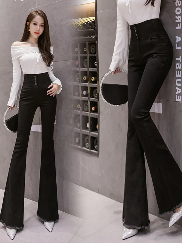 

2023 Fashion Women's Jeans Autumn New High Waist Slimming Tight-breasted Raw Edge Stretch Flared Trousers Korean Women Clothing