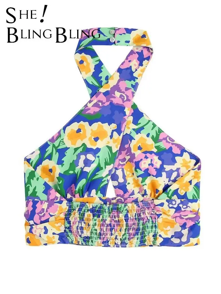 SheBlingBling 2022 Summer Women Casual Beach Crop Tops Back Floral Traf Sleeveless Shirred Print Criss Cross Halter Slim Tanks |
