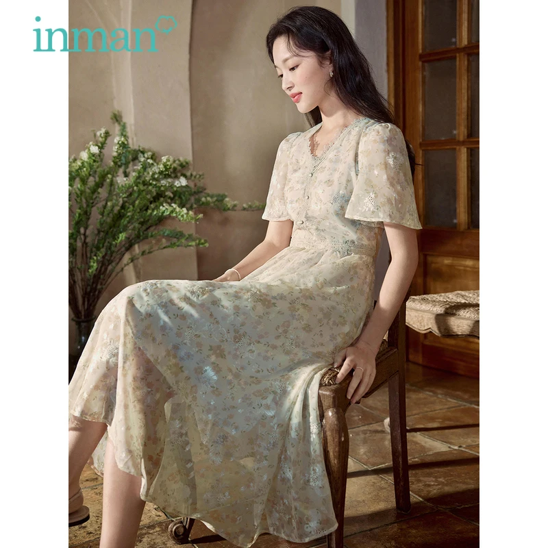 

INMAN Women Dress 2023 Summer Gauze Short Sleeve Lace V Neck A-shaped Slim Waist Full Floral Print Jacquard Elegant Long Skirt