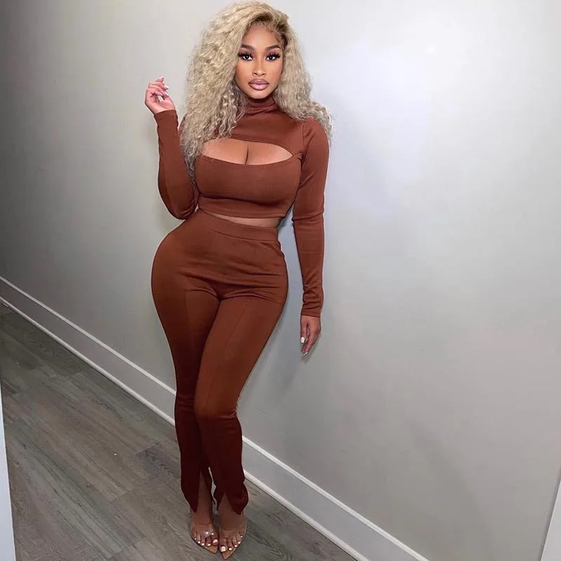 

2021 Winter Women Outfits Autumn Bodycon Solid Fitness Tracksuit Long Sleeve Crop Top Trouser 2 Piece Pant Set Turtleneck Female