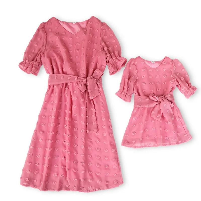 

Family Matching Outfits Summer Short Sleeve for Mommy and Daughter Matching Clothes Women and Kids Pink Dress