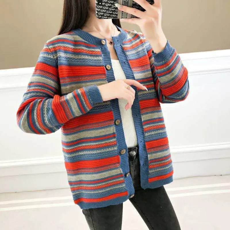 

2022 Knitted Cardigan Sweater Women Stripes Knitwear Coat O-Neck Long Sleeve Fashion O-neck Casual Loose Outwear Female D10