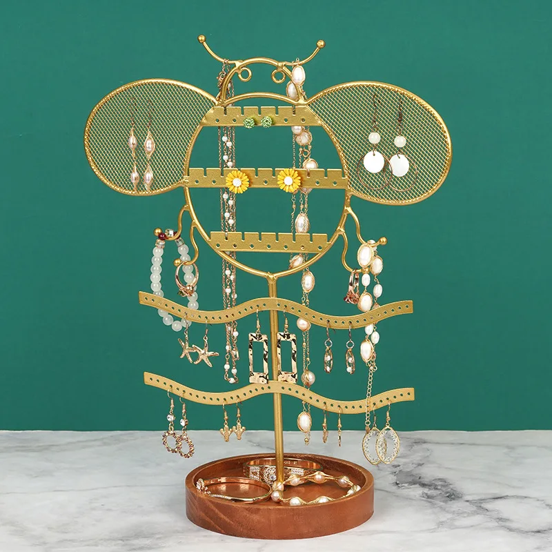 

Honeybee Shaped Jewelry Organizer Stand with Wood Tray Earrings Holder Bracelet Necklace Display for Hanging Ear Stud