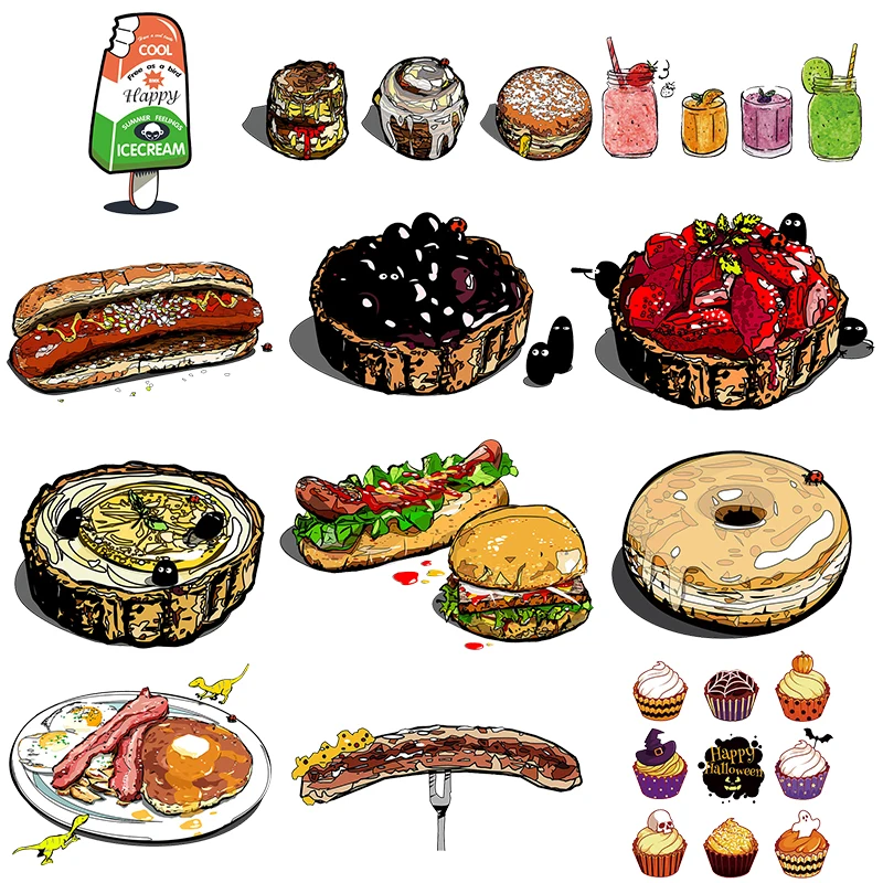 

Cartoon Food Patch Iron On Transfer For Clothing Hamburger Thermo Patches On Clothes Stripe Thermal Applique For T-Shirt Sticker