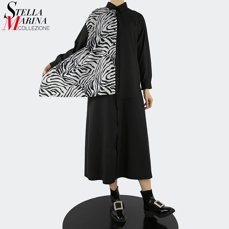 

New Straight Ankle Length Autumn Clothes Black White Printed Shirt Dress Printed Part Joint Girls Casual Street Robe MJM601-11