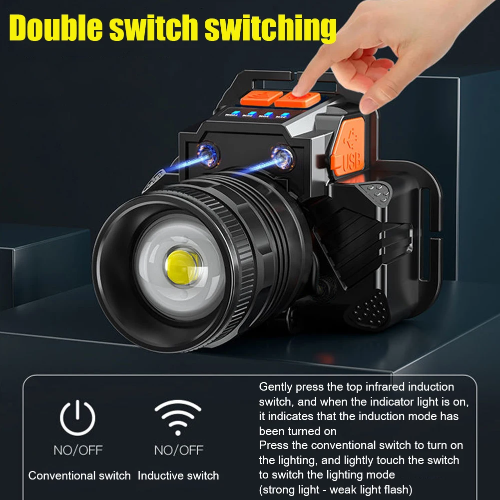 

USB Rechargeable LED Headlamp 300lm 3 Modes Power Bank Smart Wave Induction Waterproof for Camping Hiking Cycling Night Fishing
