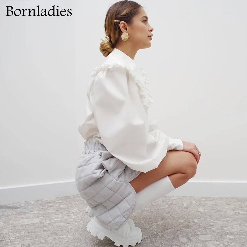 Bornladies большой Питер Пэн воротник с оборками Женская блузка длинным рукавом белые