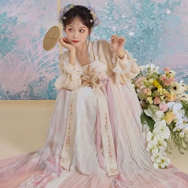 2024 весенний костюм феи в китайском стиле для женщин милый розовый синий с