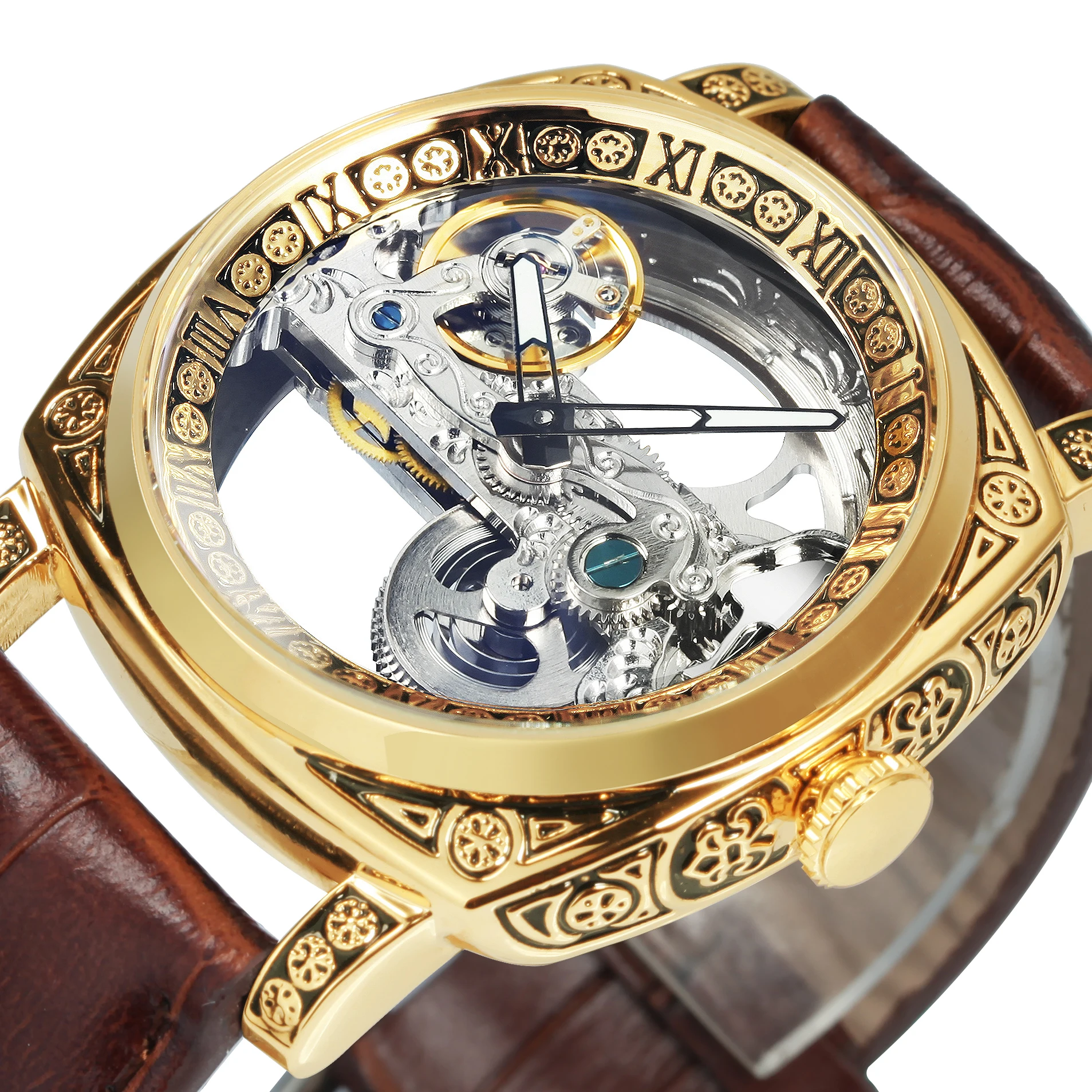 

Square Skeleton Automatic Mechanical Watch for Men Retro Engraving Case Luminous Hands Genuine Leather Strap relogio masculino