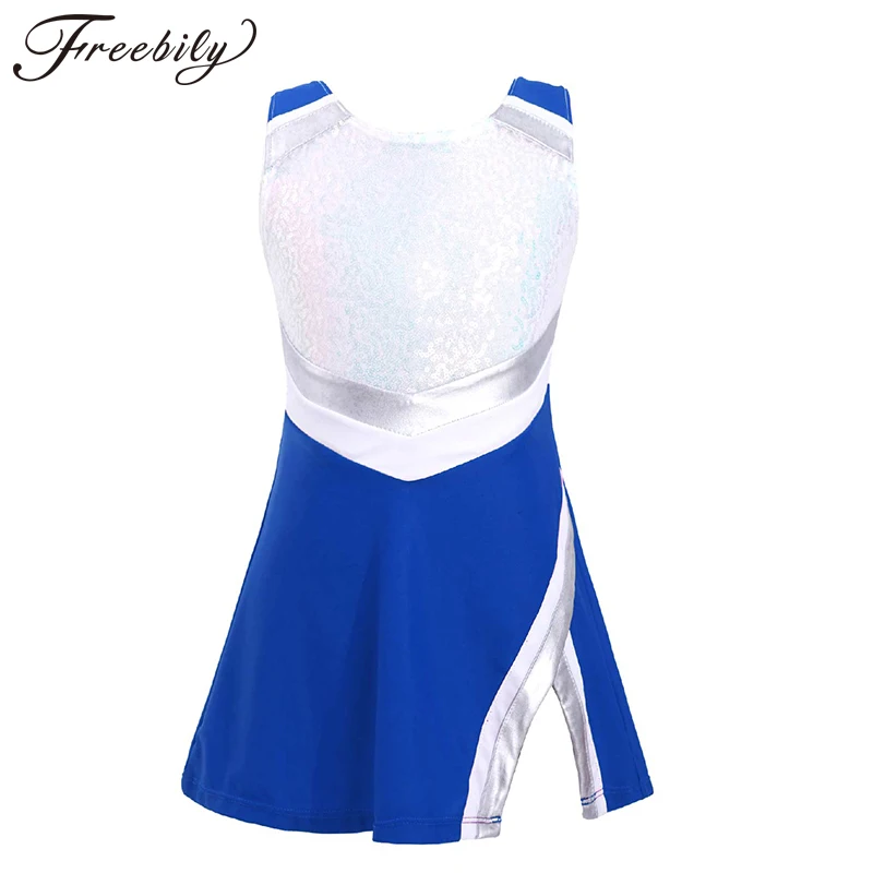 

Kids Girls Dance Outfit Jazz Dance Cheerleading Costume Sleeveless Shiny Sequins Decor Bodice Dress with Shorts Set Dancewear