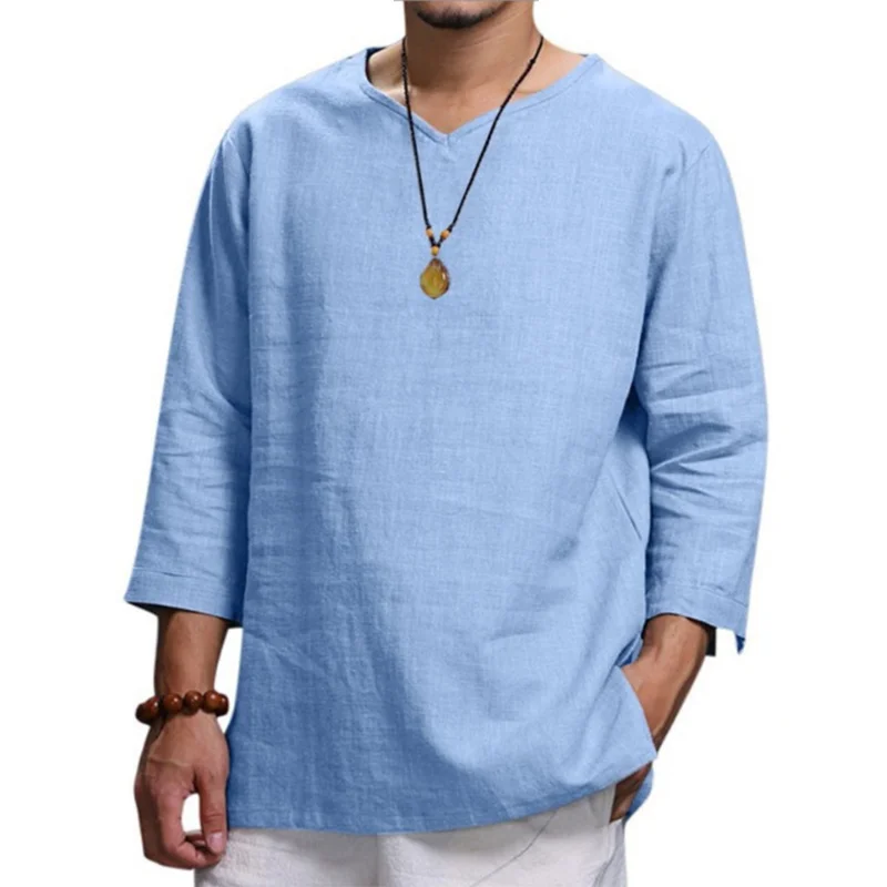 

2023 New Men's Tops Long Sleeve Shirts for Men Cotton Linen Shirt Loose Top V-neck Simple Solid Color Casual Tees