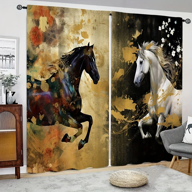 

Занавески с принтом двух лошадей, карманы на удилище, оконные драпировки для гостиной, спальни, кабинета, аксессуары для декора комнаты, 2 шт.
