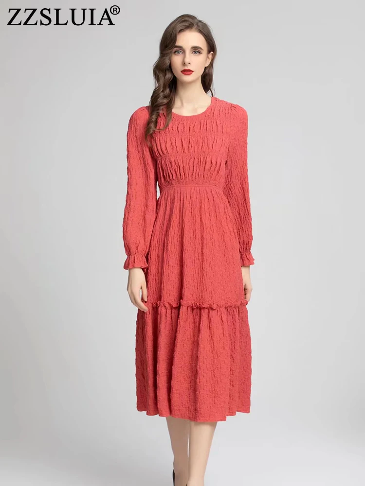 

Платье-миди женское однотонное со складками и рукавами-фонариками