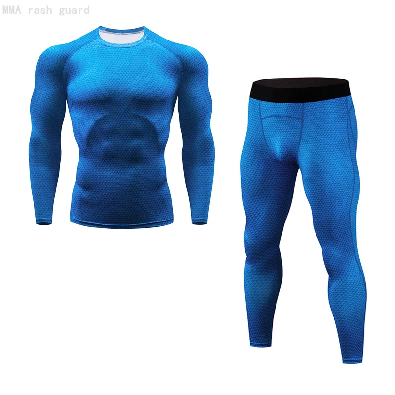 

Summer Men's Running Suit Gym Sweat Quick Dry Workout Clothing Long Sleeve Shirt Leggings 2 in 1 Second Skin rashgarda MMA