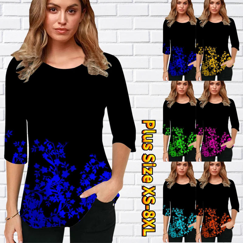 

Женский джемпер с цветочным принтом, свободная Винтажная футболка с круглым вырезом и рукавом до локтя, Стандартный Топ, Осень-зима 2022