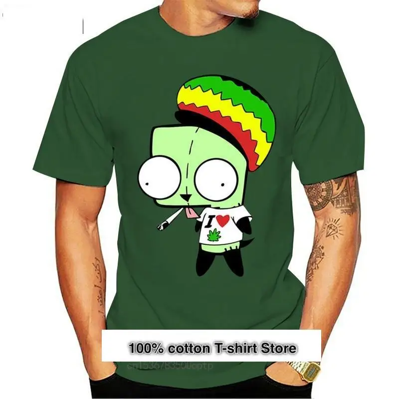 

Camiseta de Anime Invader Zim Smoking Weed Rasta Art para hombre y mujer, camisa negra disponible, divertida, novedad