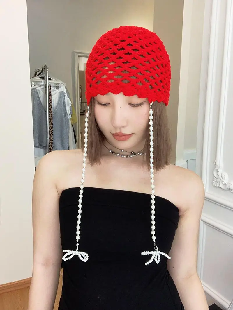 Mofan South Korea Model Pearl Bows Knitting Toque Female 2024 New Arrival Handmade Classy Sle