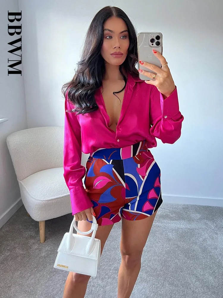Женская однобортная блузка с длинным рукавом и принтом рубашка мини-юбкой шорты