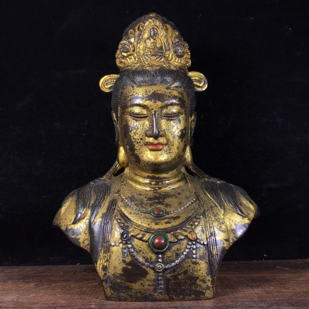 

8”Tibetan Temple Collection Old Bronze Cinnabar Lacquer Guanyin Bodhisattva Buddha Head Worship Hall Town house Exorcism