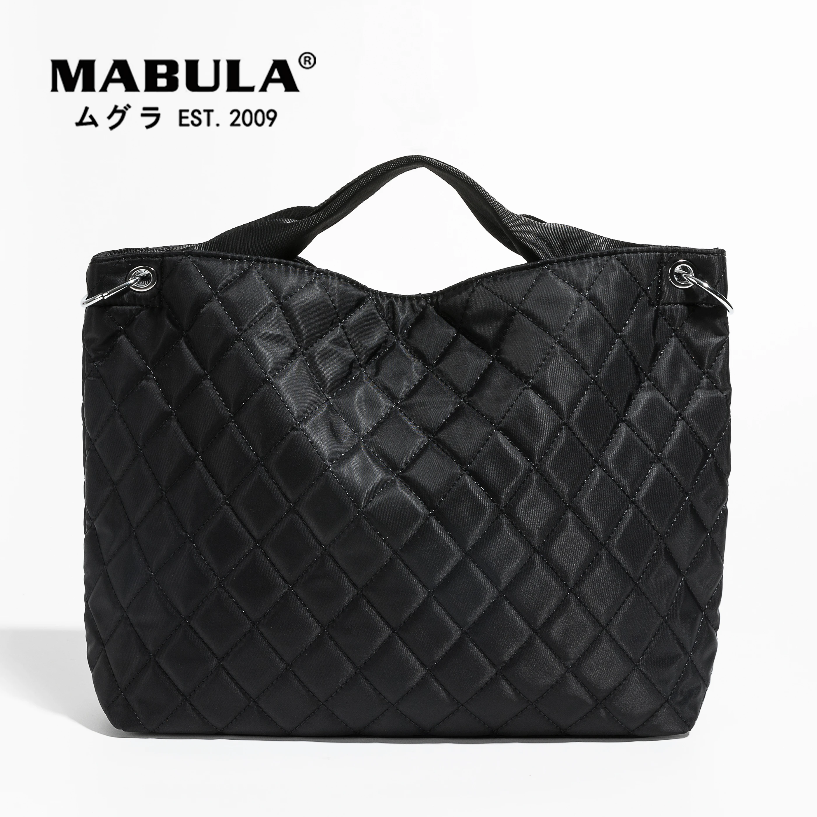 

MABULA Simple Design Women Casual Large Tote Handbags Purses Black Nylon Quilted Shoulder Bags Square Hobo Crossbody Bag