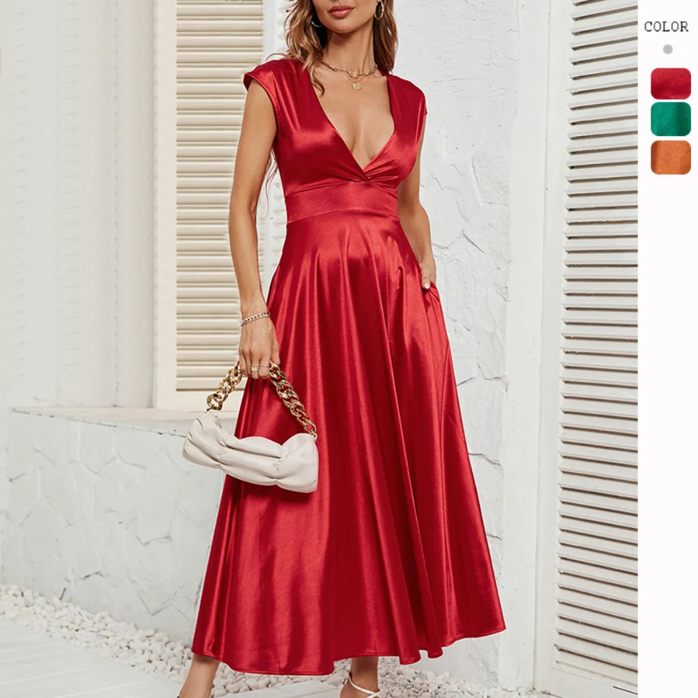 

Sexy Fashion Dress 2023 Summer New Solid Color Deep V-neck Ultra Short-sleeved Waist Women's Long Skirt Party Banquet Clothing