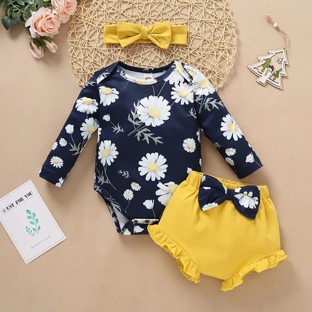 Winter New Baby Bodysuits, Flower Briefs One-piece Climbing Suit + Bow Short Pants, Baby Girl Suit,Suitable for 0-18M Baby Girls