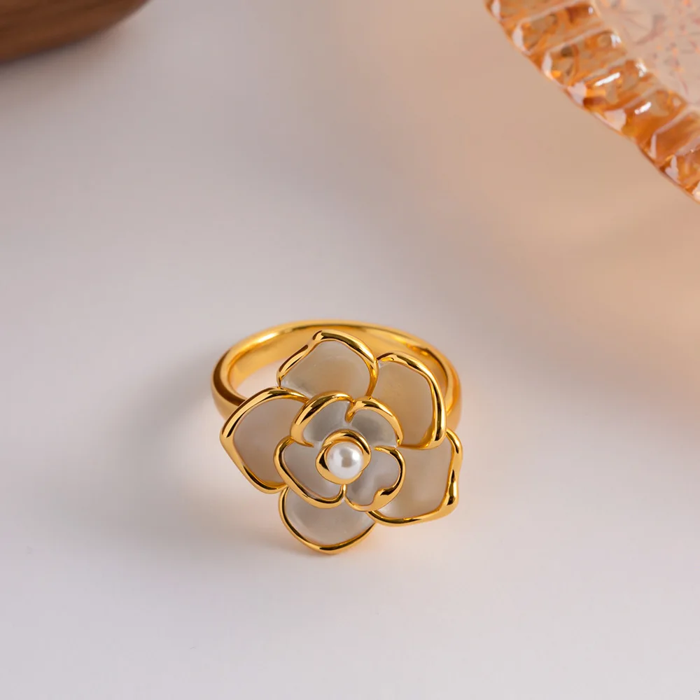 

Exquisite Enamel Camellia Pearls Openings Ring 18K Plated Metal Gold Anniversary Gift Jewelry