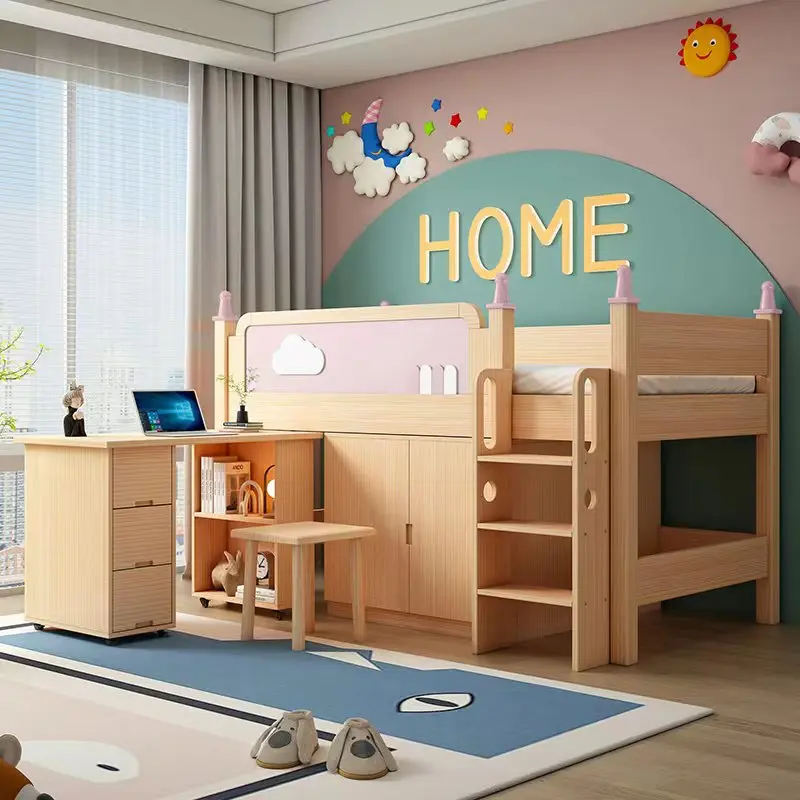 

Мебель для спальни, детская кровать из цельной древесины, односпальная кровать для мальчиков и девочек с рабочим столом, многофункциональная полувысокая кровать