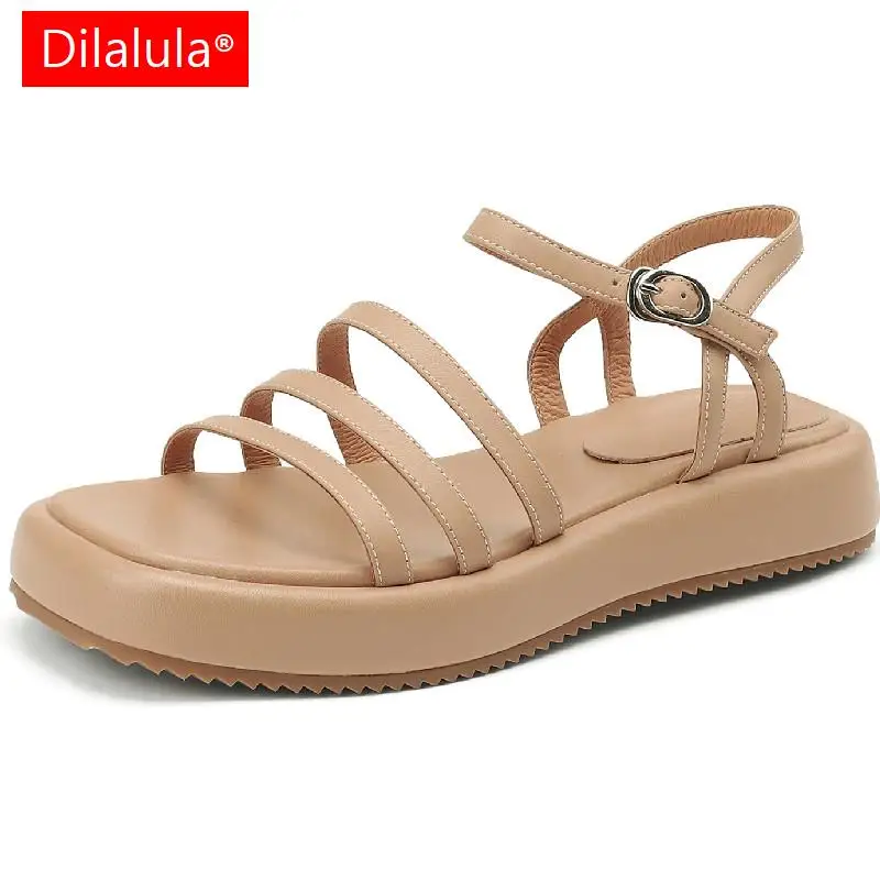 

Dilalula High Quality Genuine Leather Women Sandals Fashion Concise Narrow Band Casual Flat Platforms Shoes Woman Summer Newest