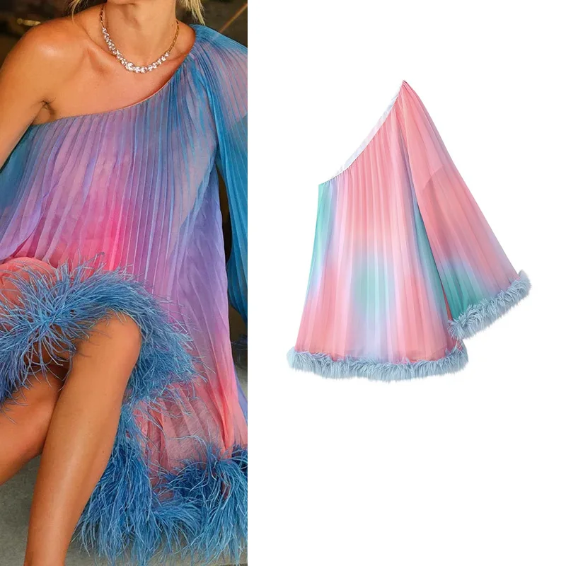 Za Весеннее женская одежда модная плиссированная с градиентом цвета