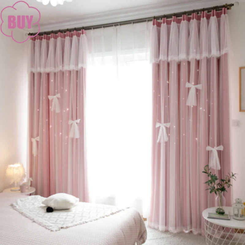 

Pink Curtains for Living Dining Room Bedroom Hollow Star Net Red Dream Lace Princess Wind Curtain Double Layer Children Girls