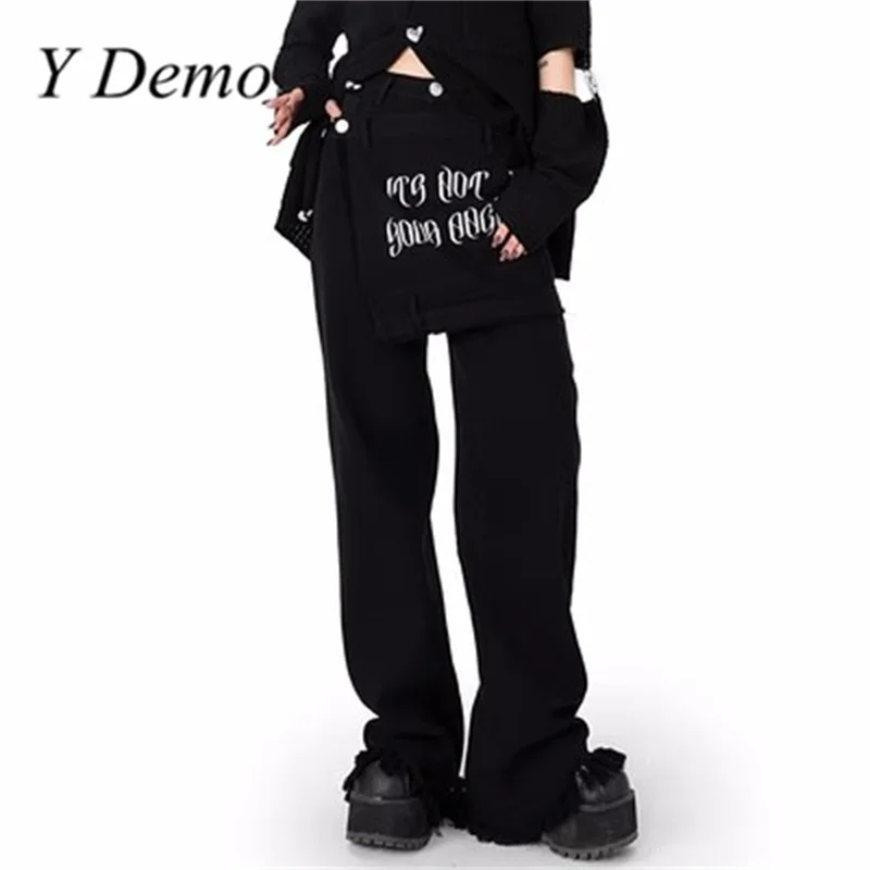 Y Demo Streetwear Casual Letters Embroidered Buttons Jeans Women's Straight Pants Hiphop Trousers