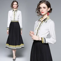 white shirt black dress printing slim fit pleated skirt temperament european style 2022 new spring womens clothing office