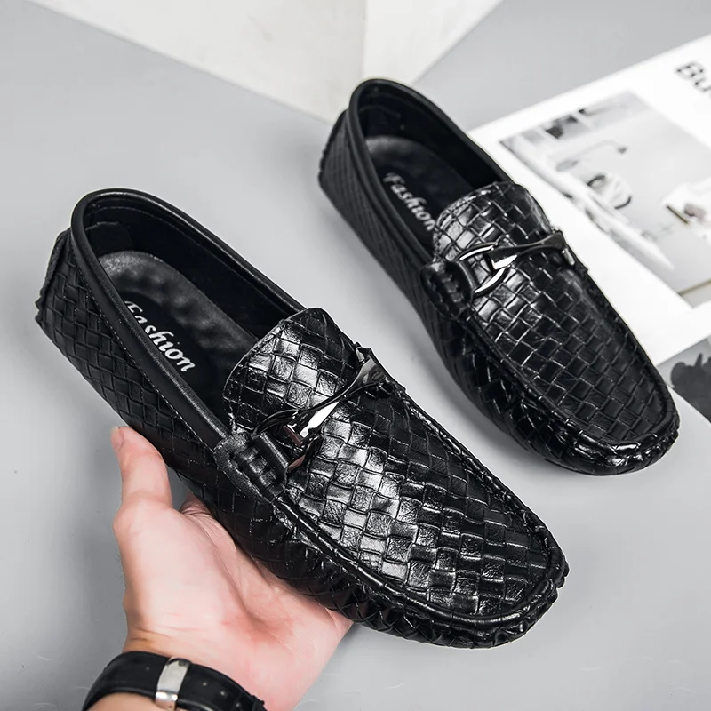 Casual Shoes Men Leather Weave Cowhide Luxury Brand Fashion Breathable Fashion Shoes Male Slip on Soft Moccasins Mens Loafers