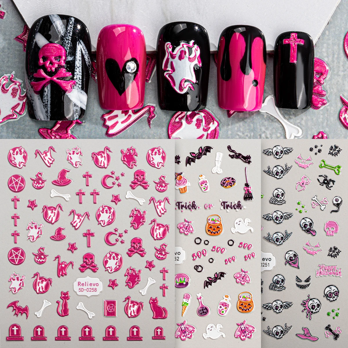 Наклейки для ногтей на Хэллоуин 3 шт. Y2K тыква череп кость призрак крест наклейки