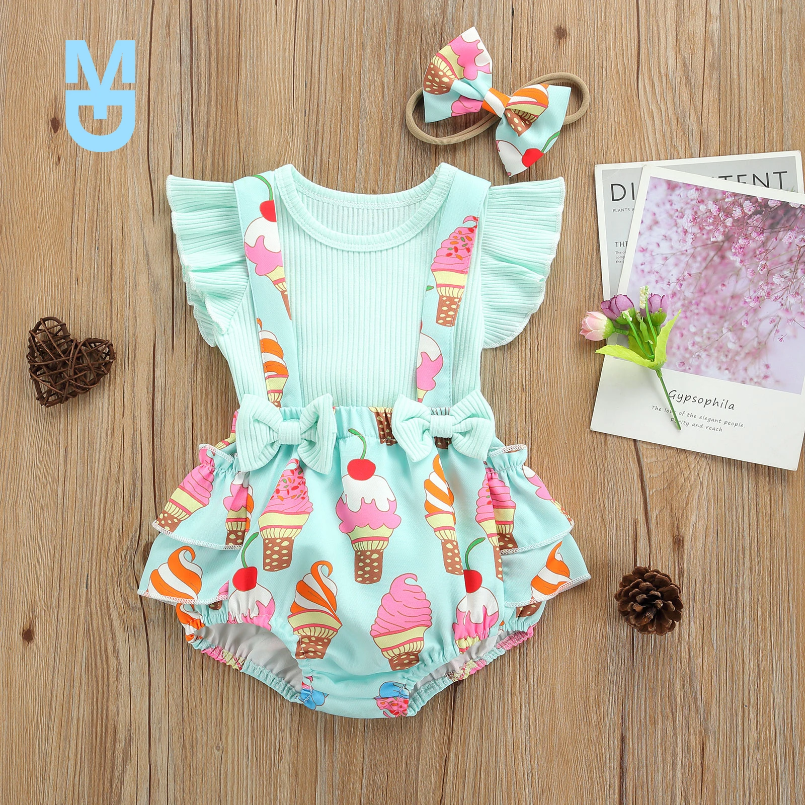 

New 0-18M Baby Girls Clothes Sets 3pcs Ruffles Short Sleeve T Shirts Tops Rainbow/Ice Cream Printed Bib Pants Headband