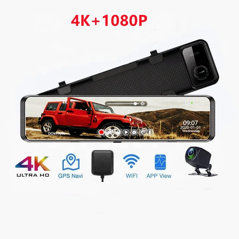 

12 Inch Rear view Mirror Car Dvr 4K+1080P Touch Screen dashcam car Dash Cam front and rear 4k With WIFI GPS Reverse Dash Camera