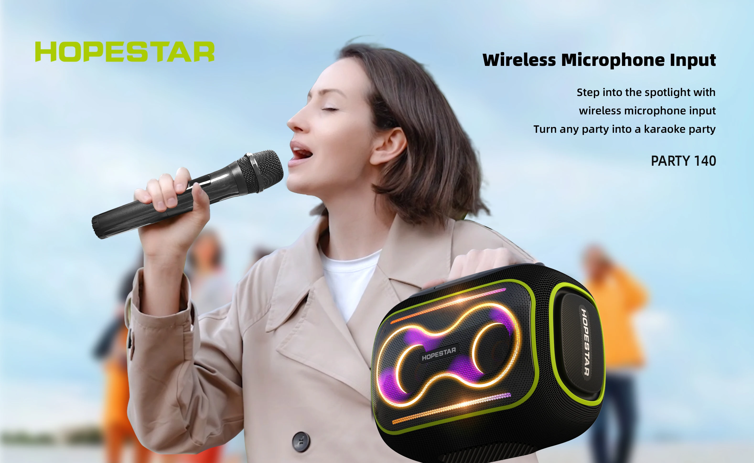 Фото Портативная Bluetooth-колонка HOPESTAR PARTYBOX 140 80W с RGB-подсветкой, микрофоном и аккумулятором 12500 мАч №2