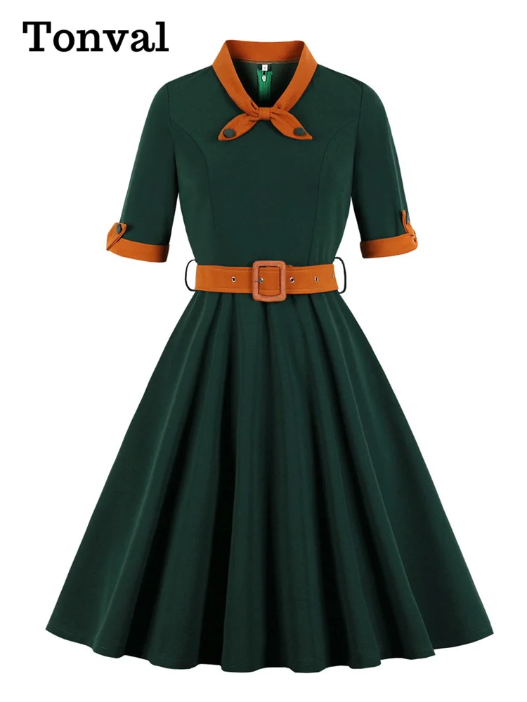 

Tonval Green Contrast Bow Neck and Cuff Vintage Belted Dress Half Sleeve Autumn Women Fit and Flare Retro Swing Dresses