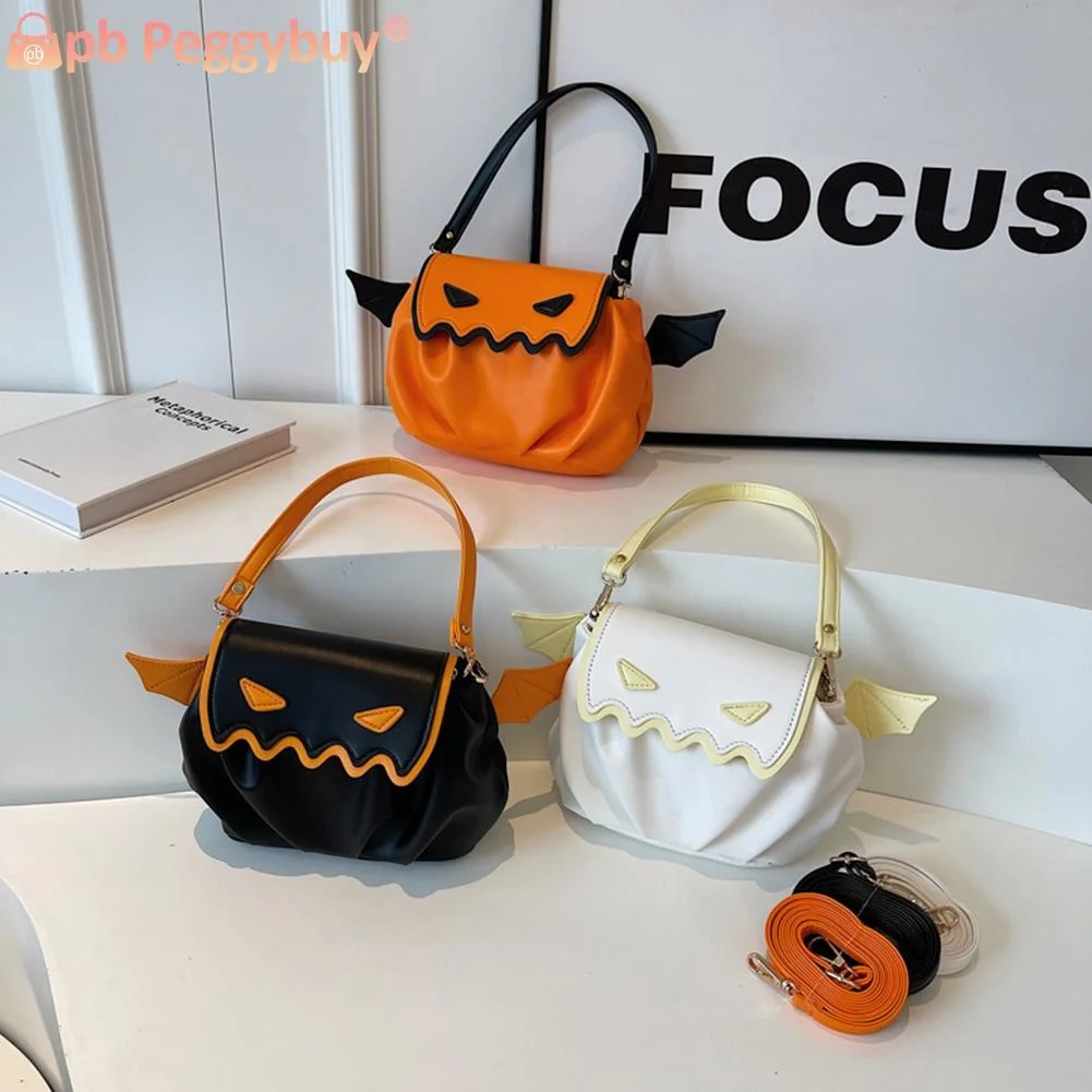 

Bat Wing Crossbody Bag Halloween Candy Bag Novelty Pumpkin Tote Handbag Versatile Strap Adjustable Casual Pleated Messenger Bag